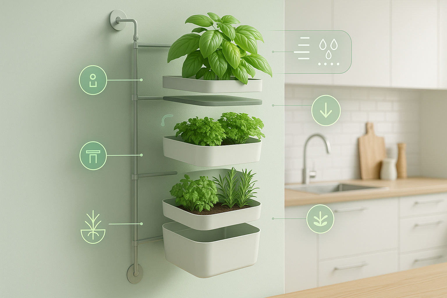 Horta vertical na cozinha com potes e plantas